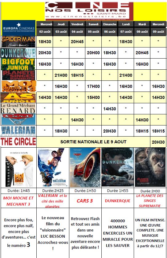 Programme du cinéma nos Loisirs à Saint-Mard.